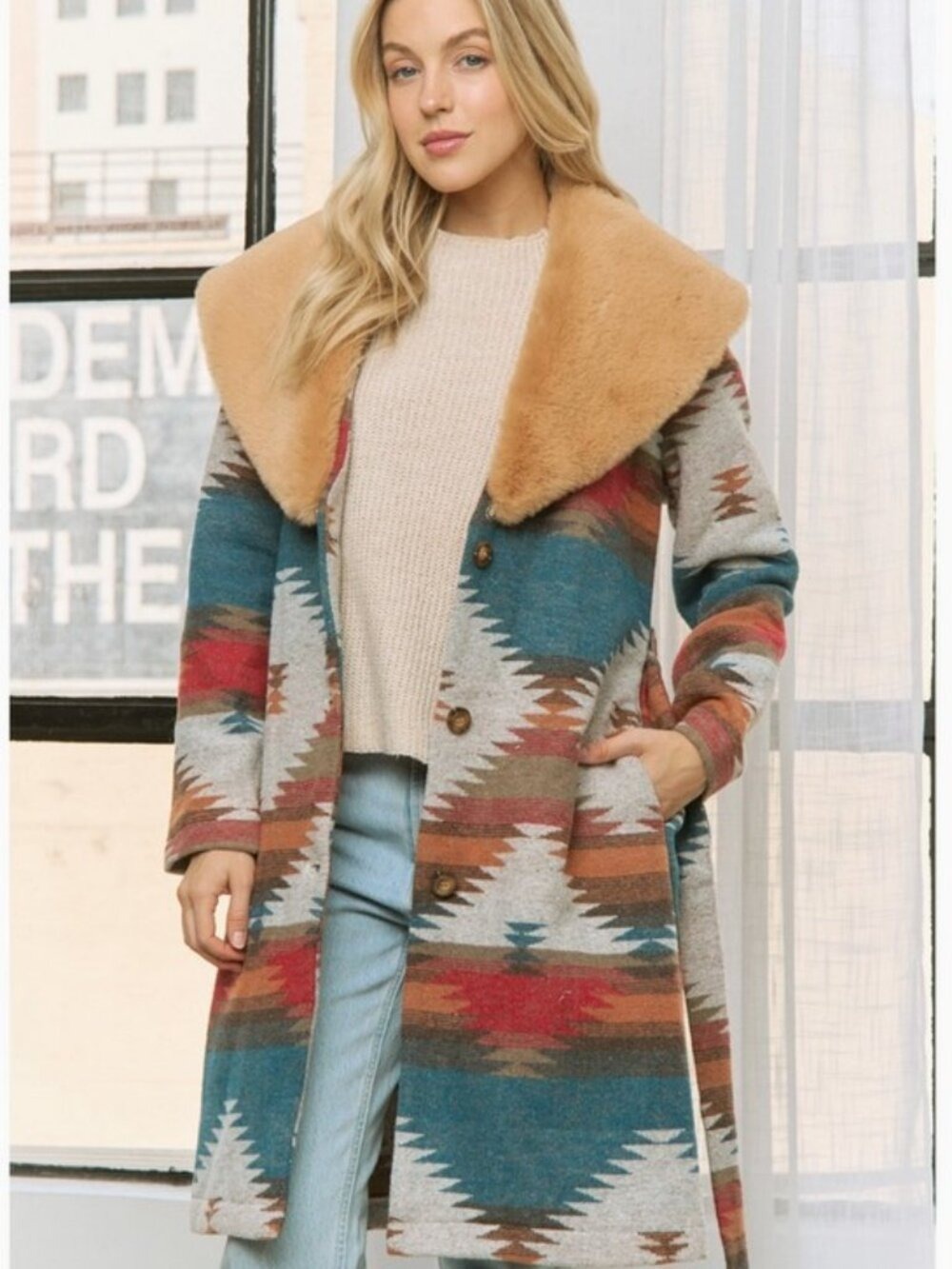 Aztec Jacket Shacket with Contrast Fur Showl Collar - Picture 10 of 13